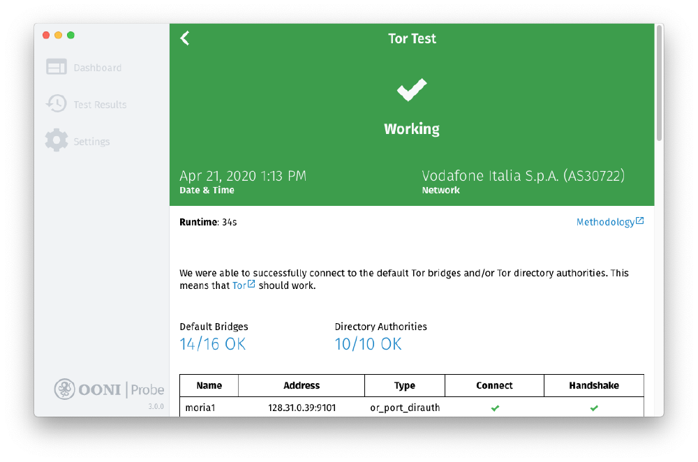 OONI Probe Tor result OONI Probe Tor result