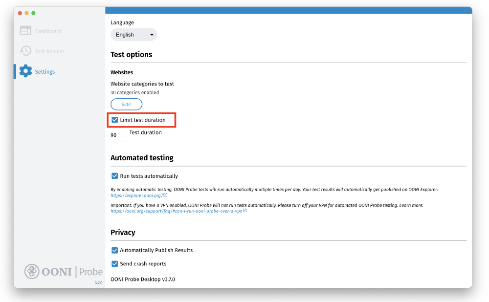Limit test duration Limit test duration