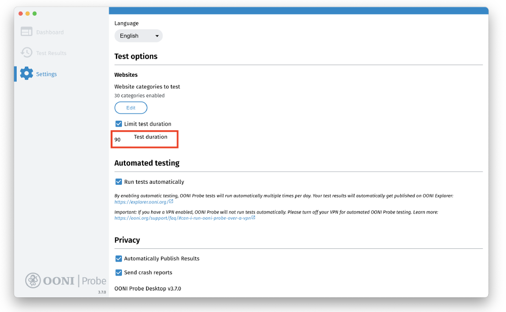 Test duration Test duration